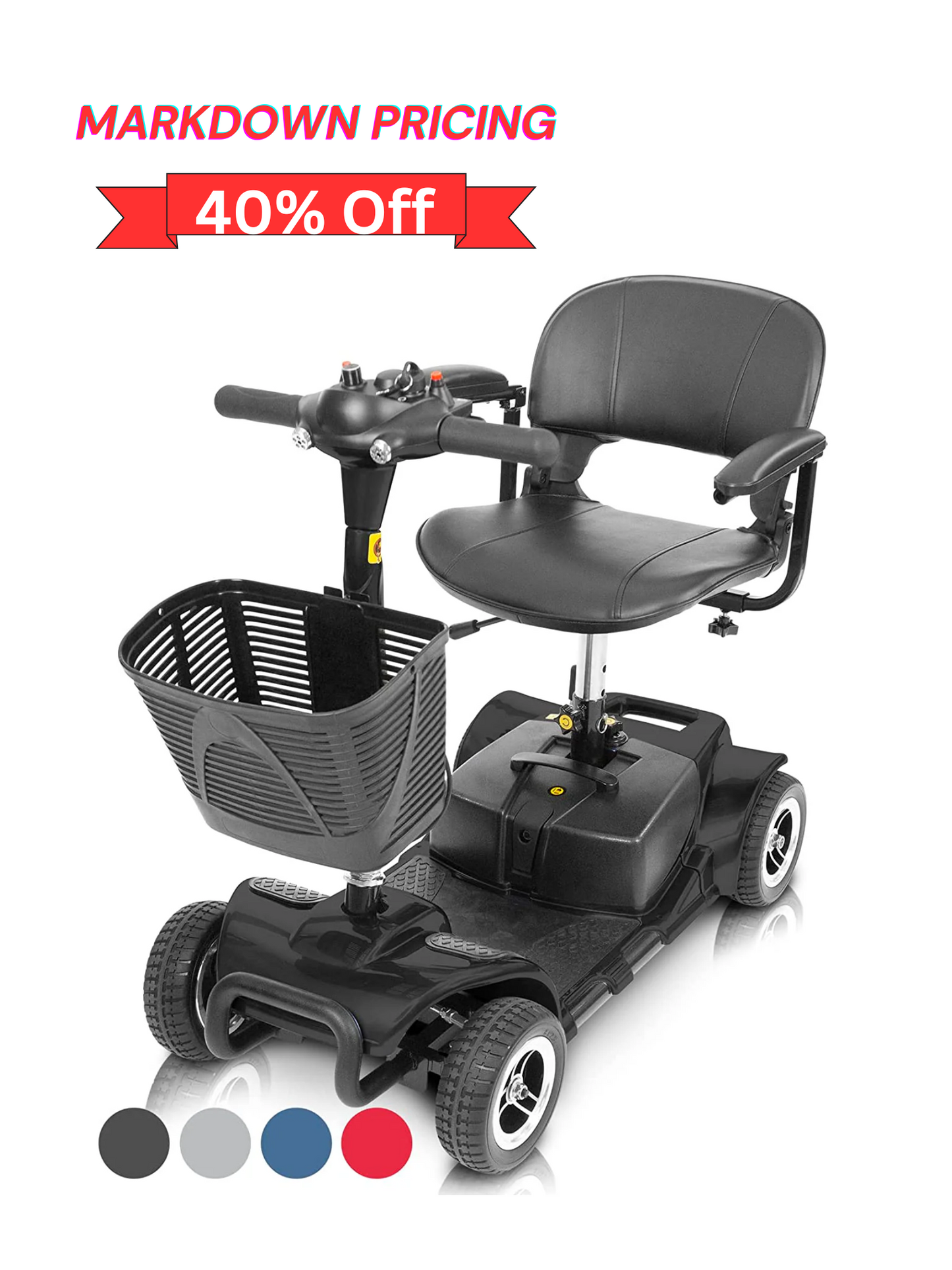 Vive Health Lightweight 4-Wheel Folding Mobility Scooter - Long Distance, Adjustable Swivel Seat w/ Anti Flat Tires For Seniors