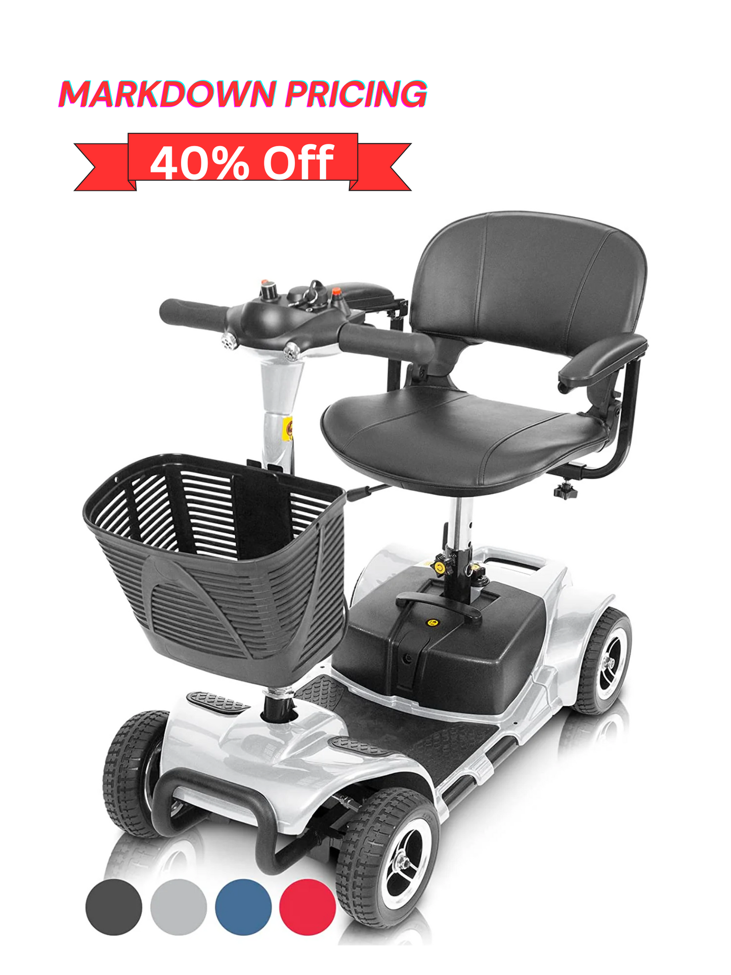 Vive Health Lightweight 4-Wheel Folding Mobility Scooter - Long Distance, Adjustable Swivel Seat w/ Anti Flat Tires For Seniors