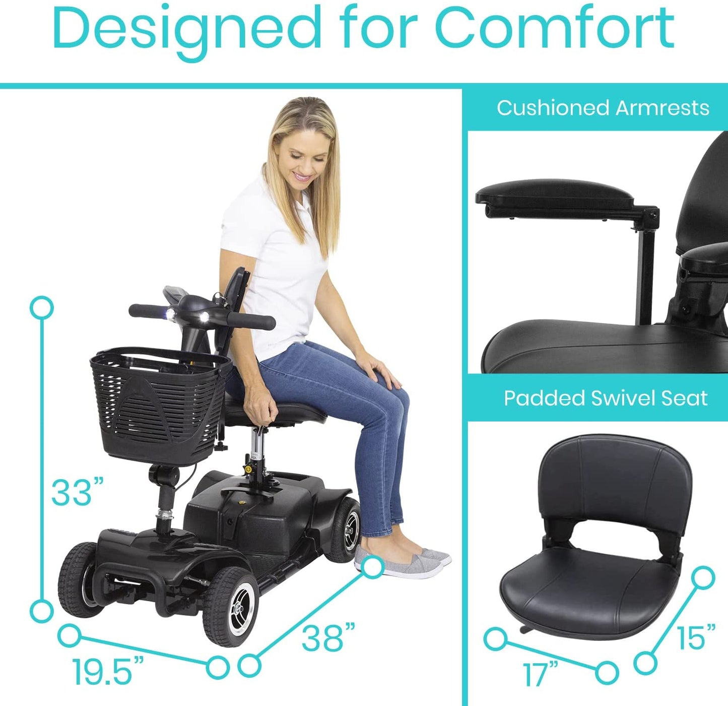 Vive Health Lightweight 4-Wheel Folding Mobility Scooter - Long Distance, Adjustable Swivel Seat w/ Anti Flat Tires For Seniors
