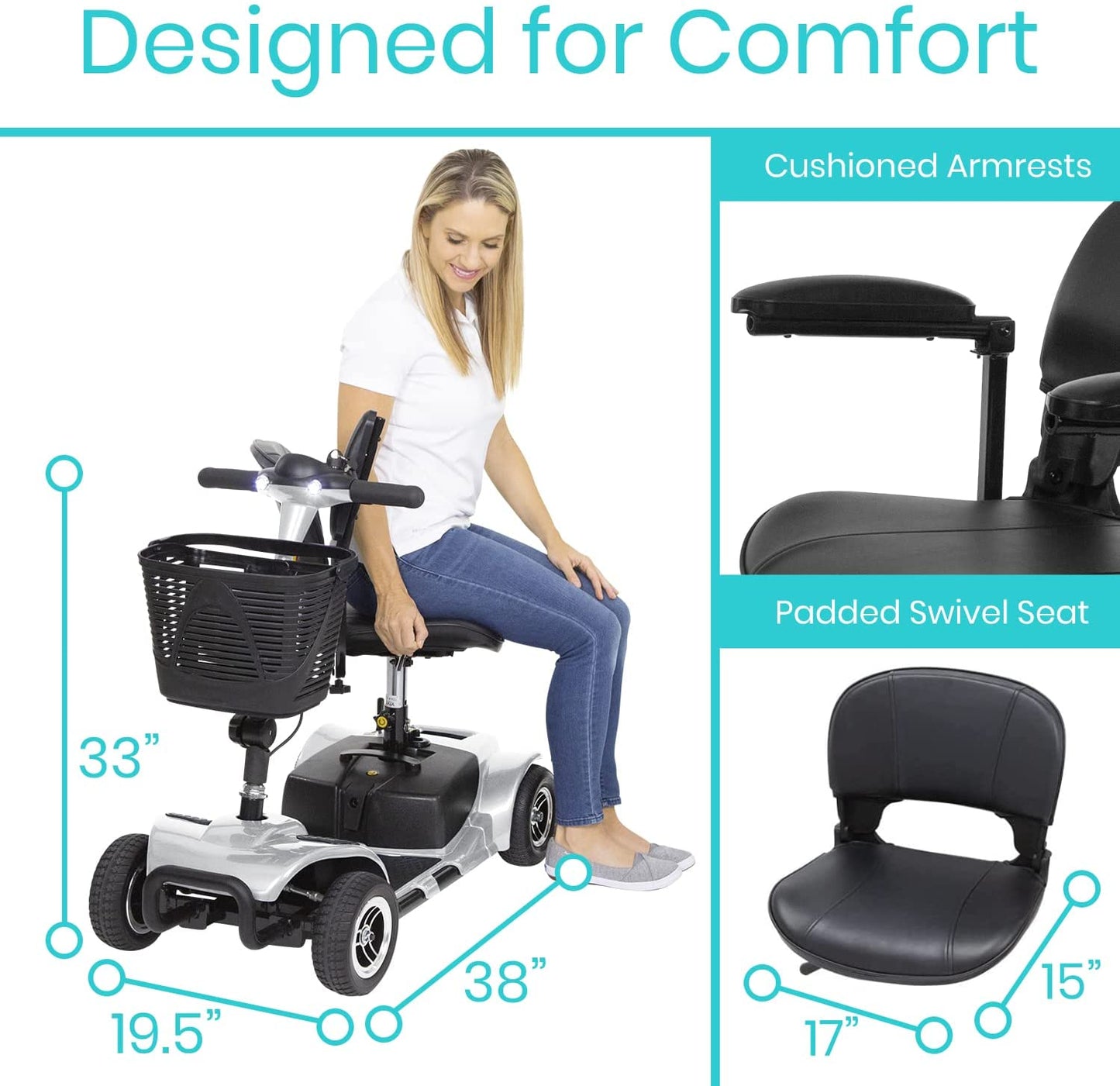 Vive Health Lightweight 4-Wheel Folding Mobility Scooter - Long Distance, Adjustable Swivel Seat w/ Anti Flat Tires For Seniors