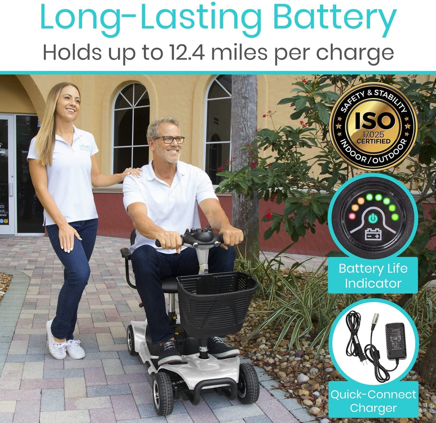 Vive Health Lightweight 4-Wheel Folding Mobility Scooter - Long Distance, Adjustable Swivel Seat w/ Anti Flat Tires For Seniors