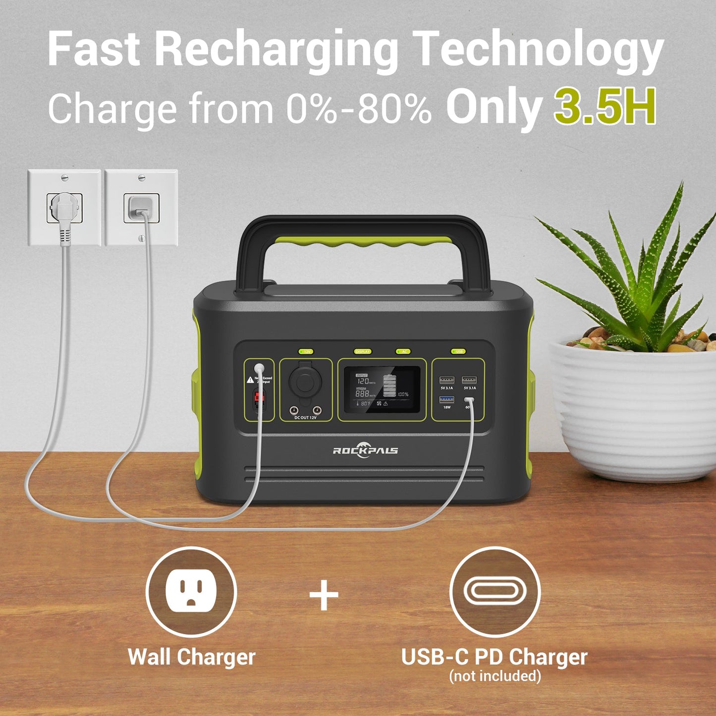 Rockpals Freeman 600W Portable Power Station - Solar Generator with Fast Charging, 110V AC Outlets