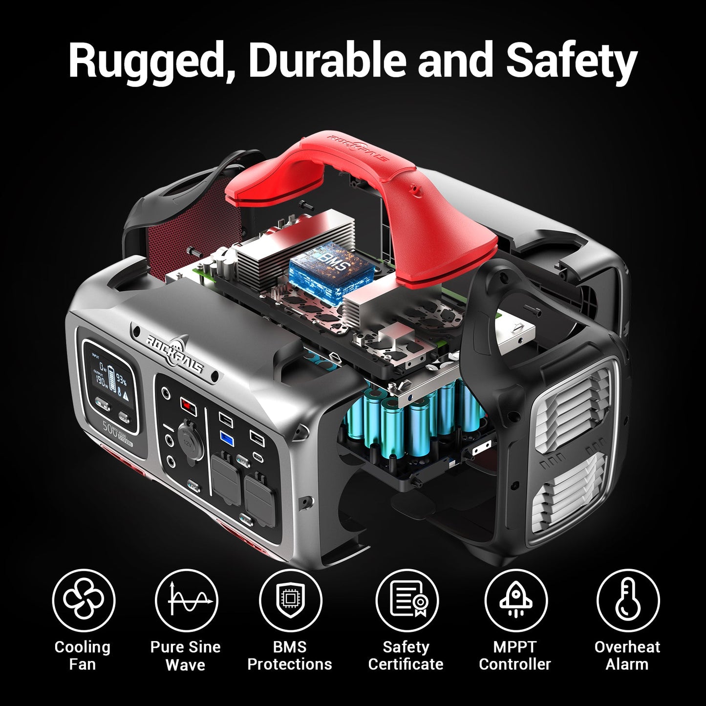 Rockpals Rockpower 500W Portable Power Station - Solar Generator for Camping Road Trip, Outdoor Adventure