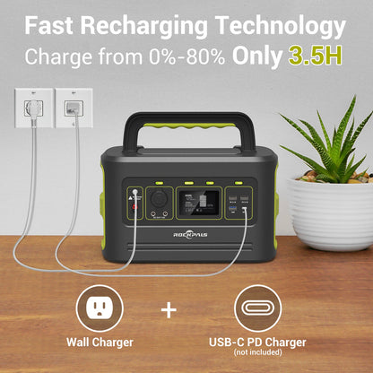 Rockpals Freeman 600W Portable Power Station - Solar Generator with Fast Charging, 110V AC Outlets