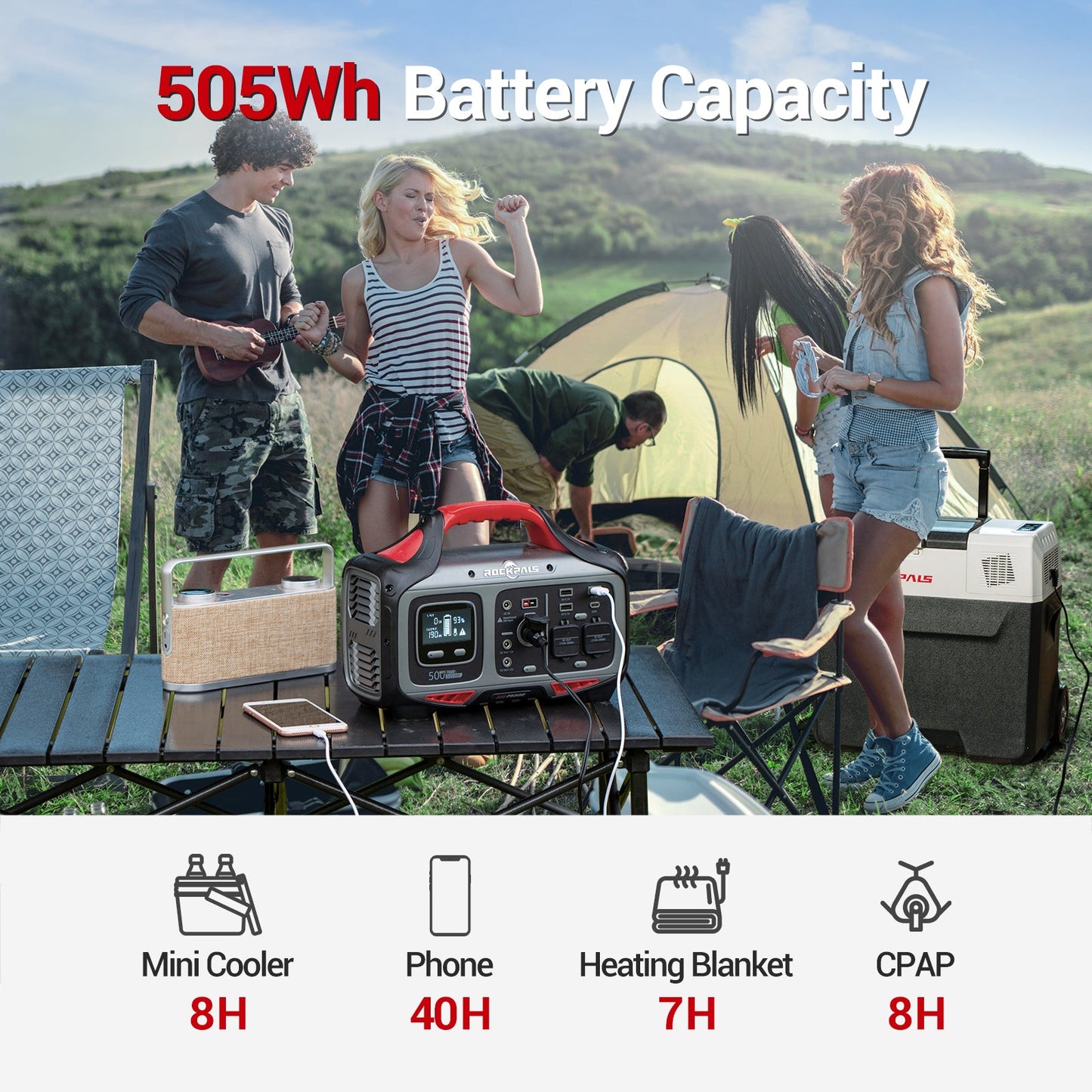 Rockpals Rockpower 500W Portable Power Station - Solar Generator for Camping Road Trip, Outdoor Adventure