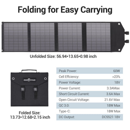 Rockpals SP002 - 60W Foldable Solar Panel - IP65 Waterproof with USB-C for Camp/RV/Off Grid/Phone/Tablet